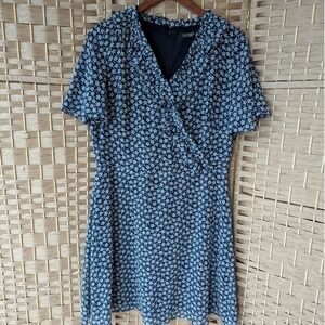 Lauren Ralph Lauren Floral Faux Wrap Dress Navy Blue Flutter Sleeve Womens 14